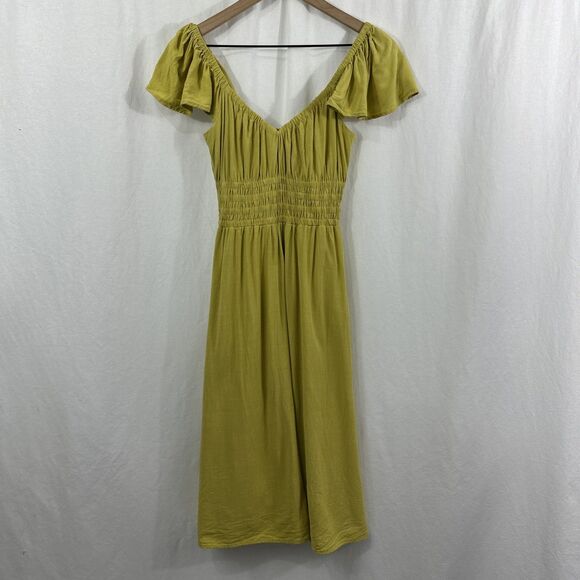 Lulus Madrid Memories Chartreuse Linen Blend Smocked Midi Dress Womens Size XS - Picture 1 of 13